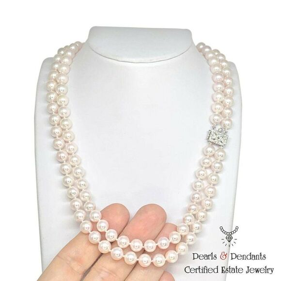 Diamond Akoya Pearl Necklace 8 mm 14k Gold 2-Strand Certified $9,750 010928 - Picture 3 of 8